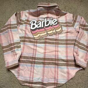 BARBIE FLANNEL JACKET SHIRT FLAP FRONT POCKETS PINK PASTEL PLAID LARGE NEW